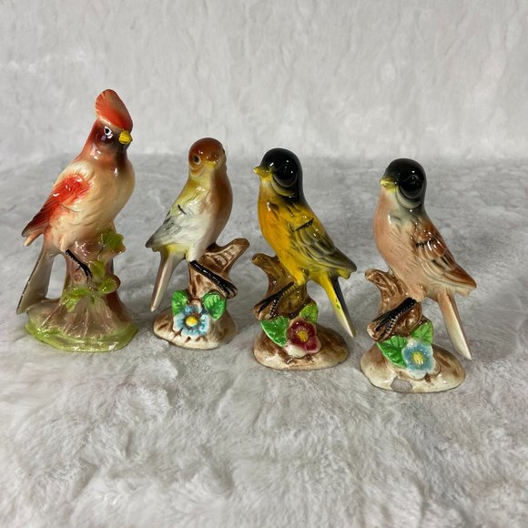 Vintage Other - 4 Vintage bird ceramic figurines sitting on tree limbs with flowers at base